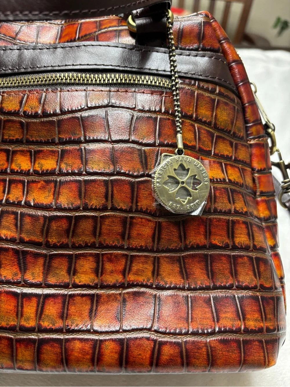 Patricia Nash Brown Rosora Croc-Embossed Leather Satchel Autumn Bag - Picture 5 of 16